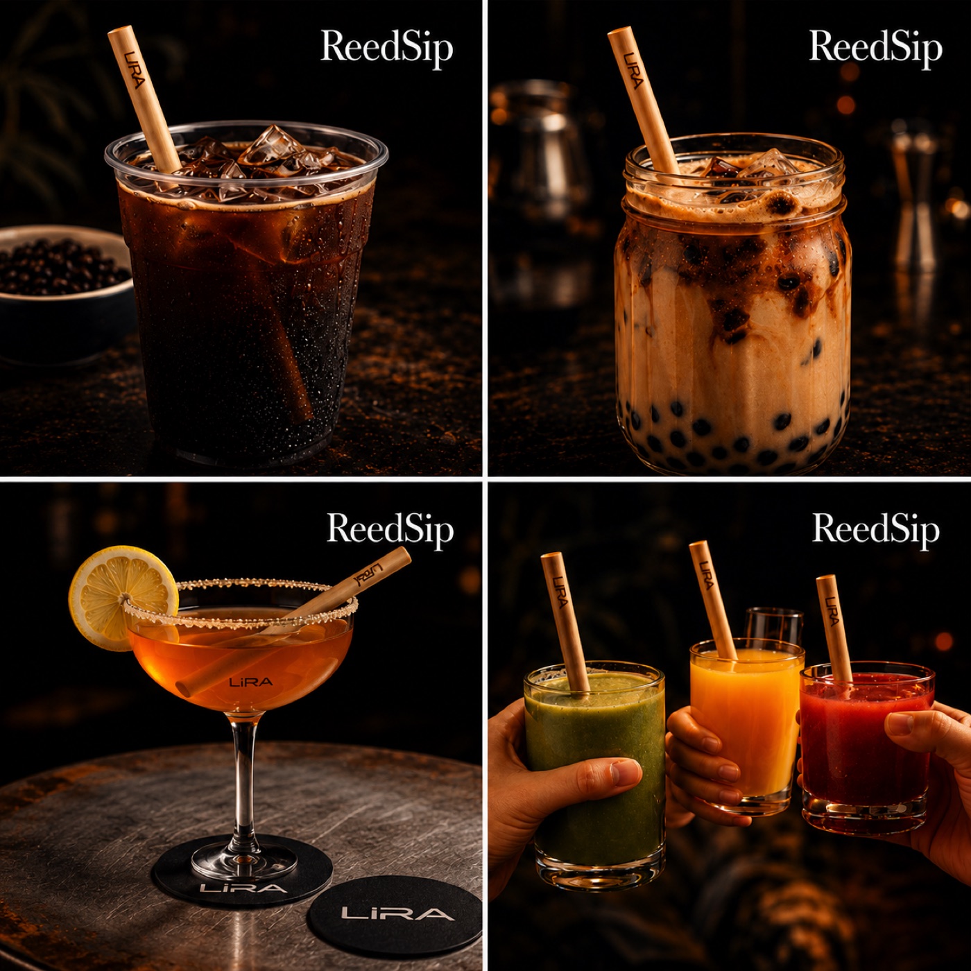 LIRA reed straw drink applications for cocktail, coffee and juice service