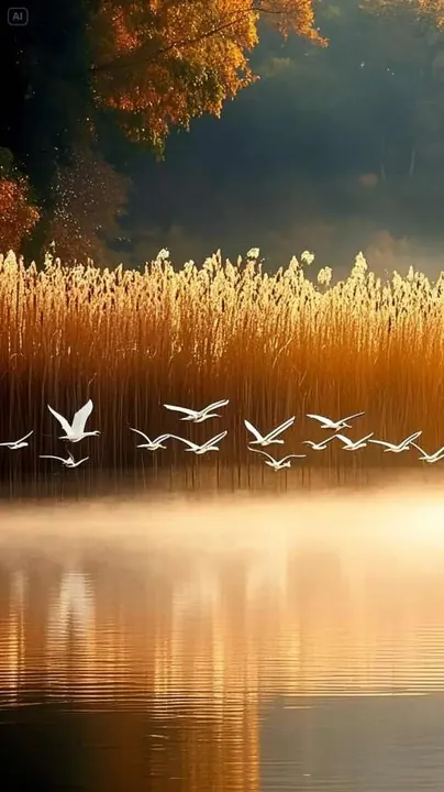 Sunlit golden reeds and birds above misty reflected water